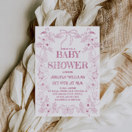 ボウピンク白トイルフラワーガールベビーシャワー 招待状