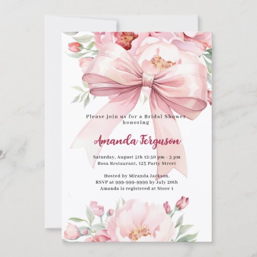 ボウピンク花模様エレガントブライダルシャワー 招待状 (正面)