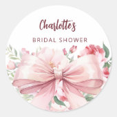 ボウピンク花模様開花ブライダルシャワー ラウンドシール (正面)