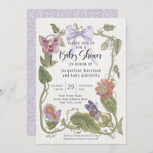 ボウフェアリーガーデンフラワーヴィンテージフローラベビーシャワー 招待状 (正面/裏面)