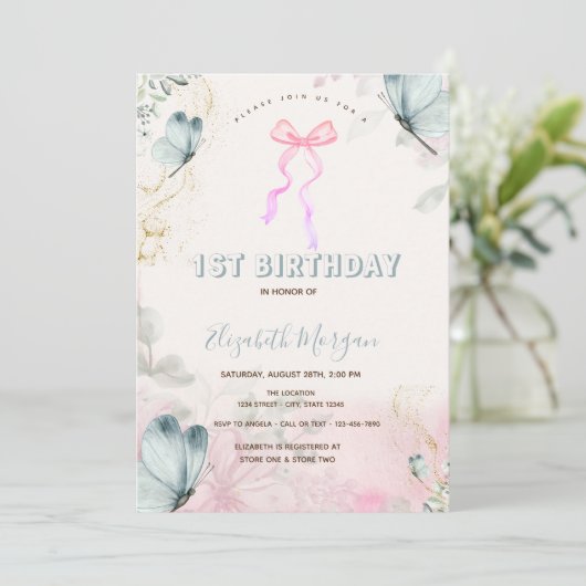 ボウフラワーブルー蝶ストライプの誕生日 招待状 (スタンド正面)