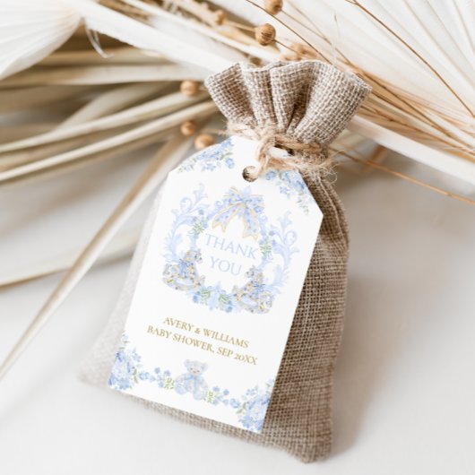 ボウフローラクレスト素朴ブルーボーイベビーシャワー ギフトタグ