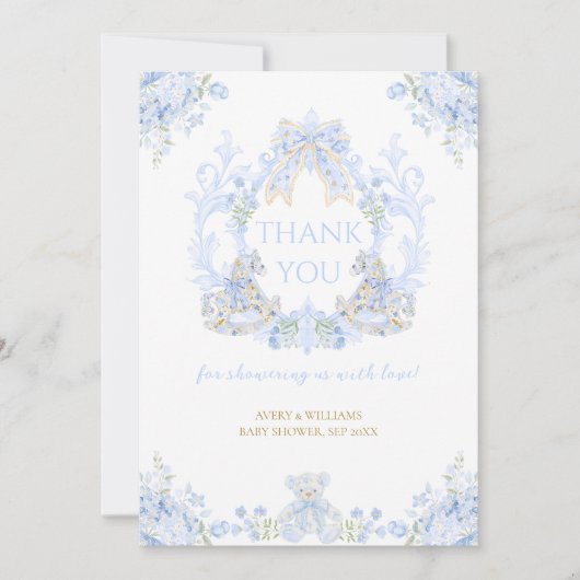 ボウフローラクレスト素朴ブルーボーイベビーシャワー サンキューカード (正面)