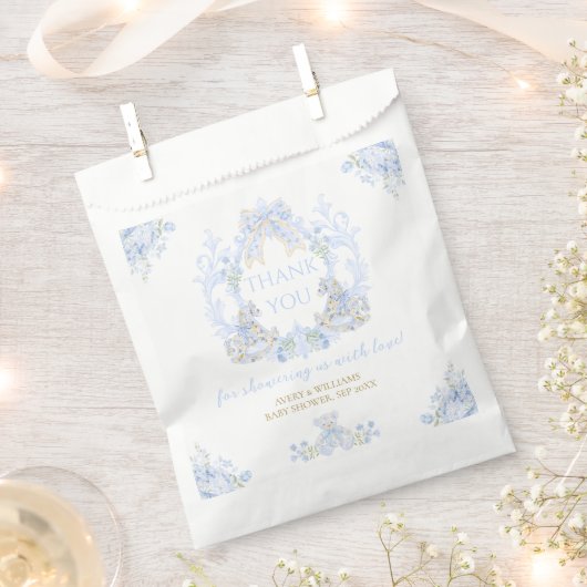 ボウフローラクレスト素朴ブルーボーイベビーシャワー フェイバーバッグ (クリップ留めされた状態)