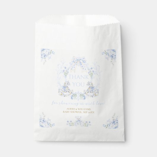 ボウフローラクレスト素朴ブルーボーイベビーシャワー フェイバーバッグ (正面)