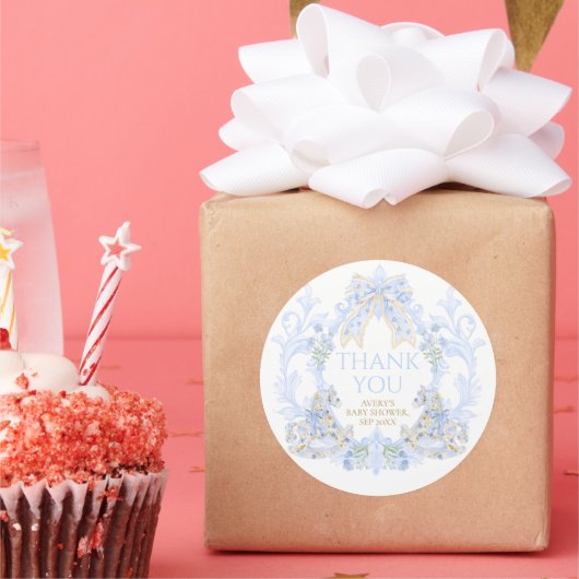 ボウフローラクレスト素朴ブルーボーイベビーシャワー ラウンドシール (パーティー)