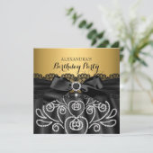 ボウブラックレース金ゴールドフェイクダイヤモンドバースデーパーティー 招待状 (スタンド正面)