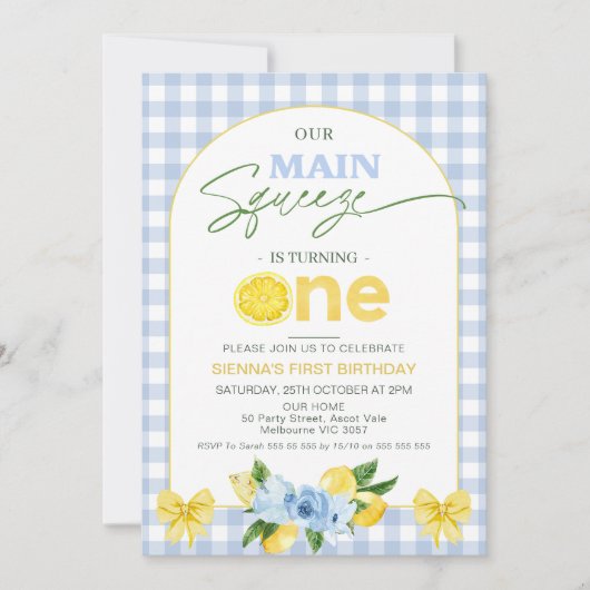 ボウブルーレモン私たちのメイン絞り1st誕生日 招待状 (正面)