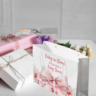 ボウベビー開花ピンク花模様ベビーシャワー ラージペーパーバッグ