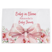 ボウベビー開花ピンク花模様ベビーシャワー ラージペーパーバッグ (正面)