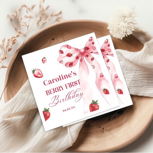 ボウベリーファーストストロベリー誕生日ナプキンス スタンダードカクテルナプキン
