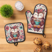 ボウホフクロウにコーヒーポット入れ 鍋つかみ&鍋敷きセット (トップダウン)