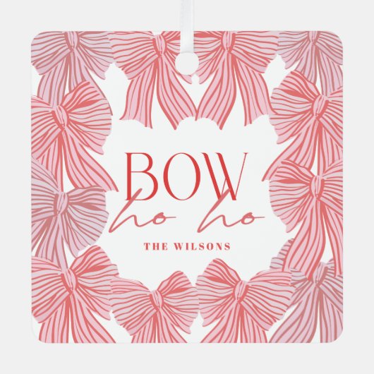 ボウホホー赤ピンク弓フォトクリスマスホリデー メタルオーナメント (正面)