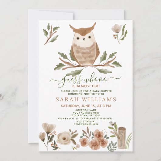 ボウホー推測ほぼデュースフクロウ赤ちゃんシャワー 招待状 (正面)