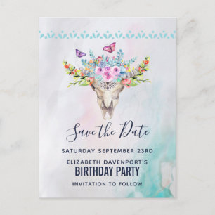 ボウホー スカルとフラワーバンチのSave the Date ポストカード