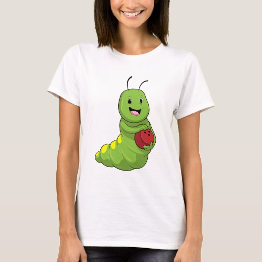 ボウリングでボウリングの球を持つイモムシ Tシャツ (正面)