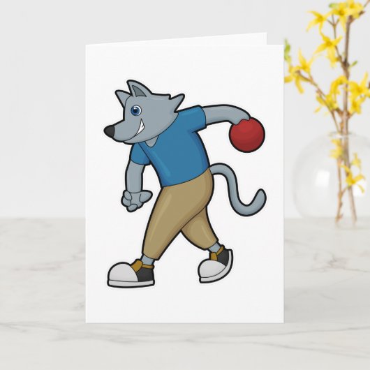 ボウリングでボールを投げる犬 カード (黄色い花)