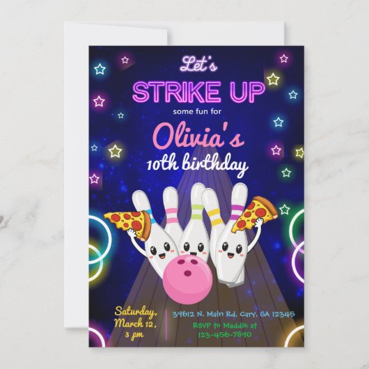 ボウリングで楽しい誕生日を、女の子の誕生日招待状 招待状 (正面)