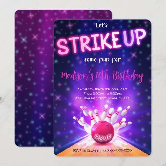 ボウリングの誕生日パーティーの招待状 招待状 (正面/裏面)