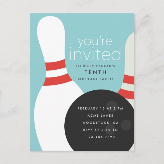 ボウリングの誕生日パーティー インビテーションポストカード (正面)