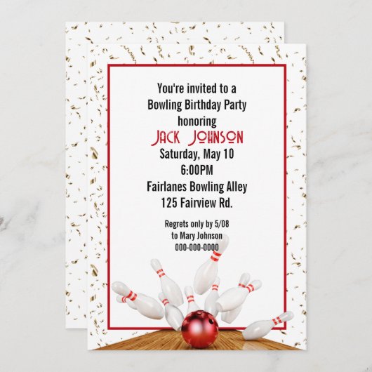 ボウリングの誕生日パーティー 招待状 (正面/裏面)