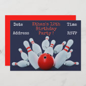 ボウリングの10代の少年の誕生日パーティー 招待状 (正面/裏面)