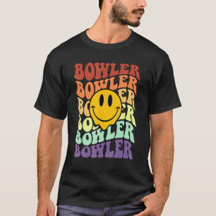 ボウリングをする人、 クリケットの投手レトロスマイル顔ヴィンテージボーリングチームアレー Tシャツ
