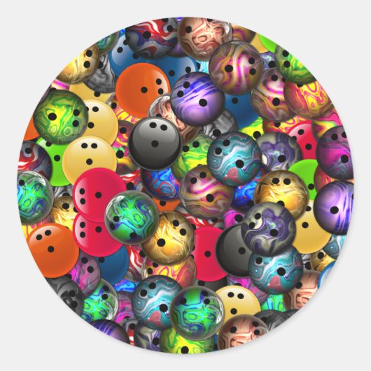 ボウリングカラフルボールコラージュ ラウンドシール (正面)