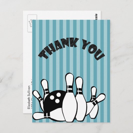 ボウリングパーティーお礼 青いストライプ ポストカード (正面/裏面)