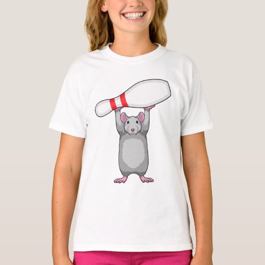 ボウリングピンとボウリングをするネズミ Tシャツ (正面)