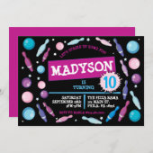 ボウリングボールネオン誕生日パーティーへの招待 招待状 (正面/裏面)