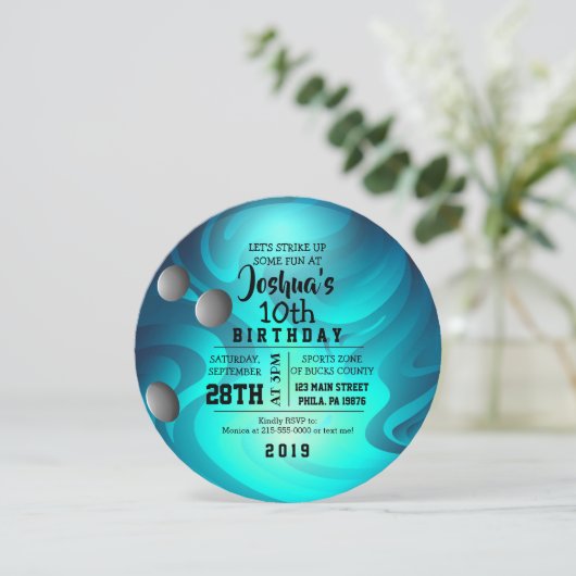 ボウリングボールラウンドアクアバースデーパーティーの招待 招待状 (スタンド正面)
