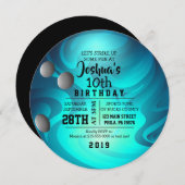 ボウリングボールラウンドアクアバースデーパーティーの招待 招待状 (正面/裏面)