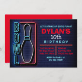 ボウリングボールラウンドネオンバースデーパーティーへの招待 招待状 (正面/裏面)