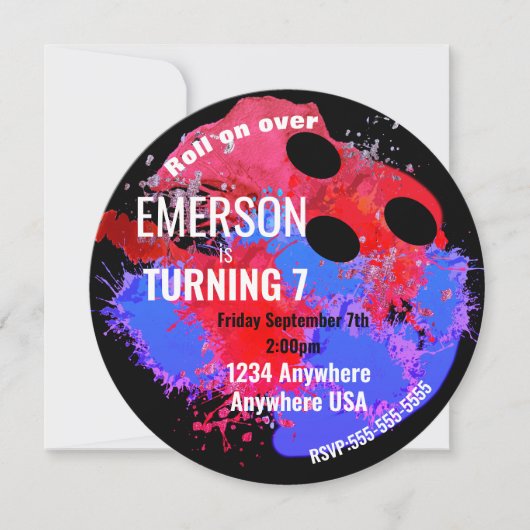 ボウリングボール，ボーリング，グローボーリング誕生パーティー 招待状 (正面)