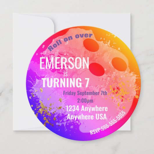 ボウリングボール，ボーリング，グローボーリング誕生日ネオン 招待状 (正面)