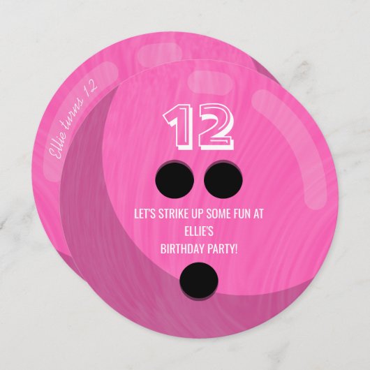 ボウリングボール |子供の誕生日パーティー |明るい赤紫色ピンク 招待状 (正面/裏面)