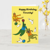 ボウリング恐竜の漫画 パーソナライズされたボウラー カード (黄色い花)