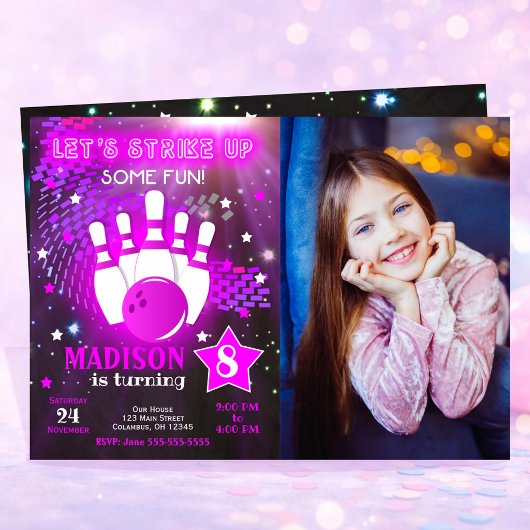 ボウリング招待 ネオン グロー ガール フォト 誕生日 招待状