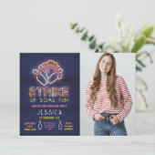 ボウリング招待 誕生日パーティ ネオン写真 ストライク 招待状 (スタンド正面)