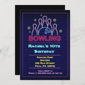 ボウリング白熱［赤熱］光を放つボール誕生日パーティーへの招待 招待状 (正面/裏面)