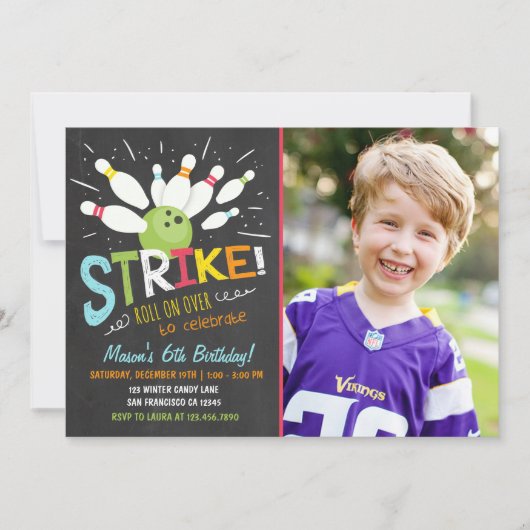 ボウリング誕生日招待青オレンジ少年 招待状 (正面)