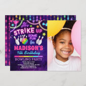 ボウリング バースデー パーティー レインボー グロー フォト 招待状 (正面/裏面)