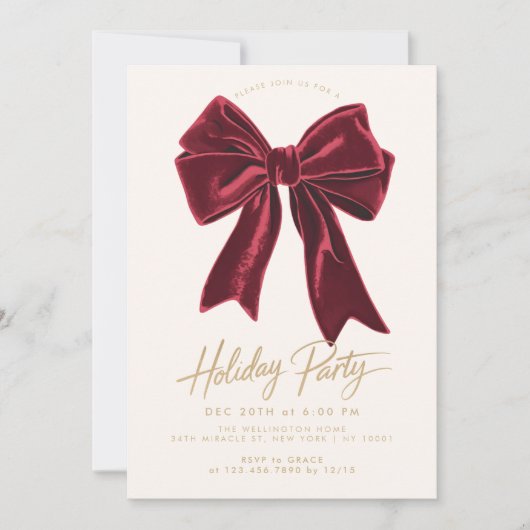 ボウレッドベルベットボウホリデーエレガントクリスマスパーティー 招待状 (正面)