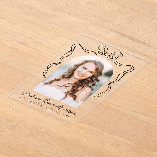 ボウ写真エレガントアクリル卒業発表 アクリル招待状 (レイダウン)