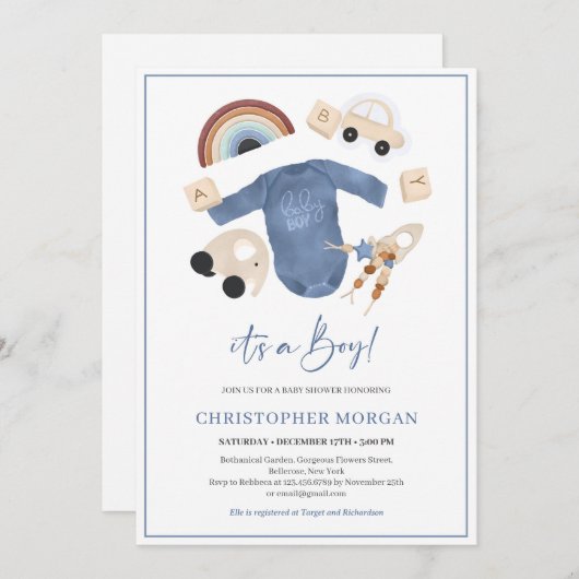 ボウ男の赤ちゃんの服と木製のおもちゃの虹 招待状 (正面/裏面)