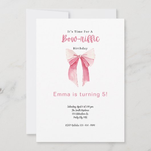 ボウ誕生日招待状小さな女の子誕生日パーティー 招待状 (正面)