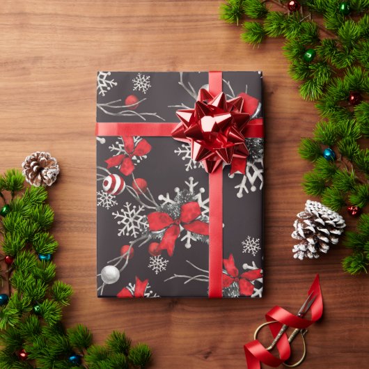 ボウ赤と白オーナメントスノーフレークonブラック ラッピングペーパー (クリスマスギフト)