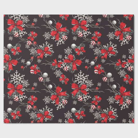 ボウ赤と白オーナメントスノーフレークonブラック ラッピングペーパー (フラット)