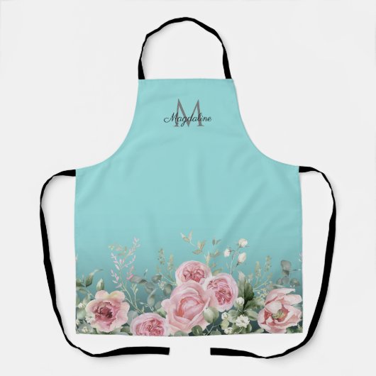 ボエレガントタニカルターコイズスクリプト名モノグラム エプロン (正面)